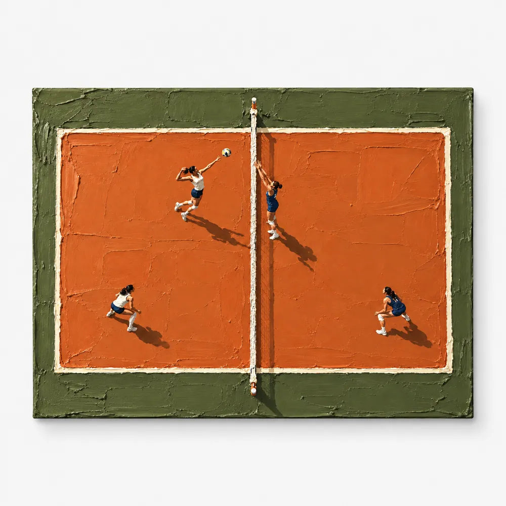 Hand-Painted Volleyball Match Canvas Art With Orange Clay Court And Impasto Texture