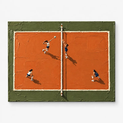 Hand-Painted Volleyball Match Canvas Art With Orange Clay Court And Impasto Texture
