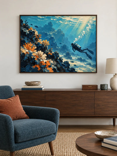 Scuba Diver And Coral Reef Impressionist Canvas Painting In Blue And Orange