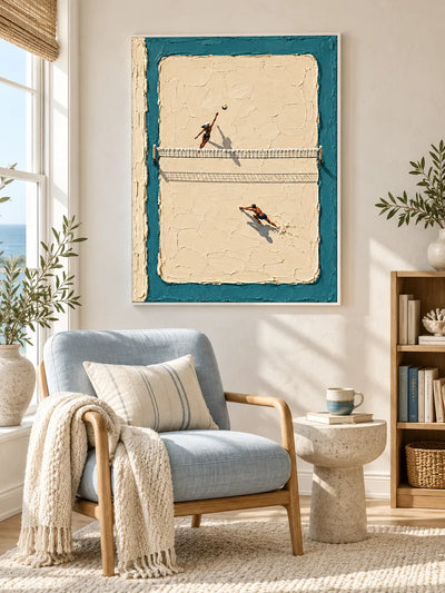Hand-Painted Beach Volleyball Canvas Art With Thick Impasto肌理 In Blue And Beige