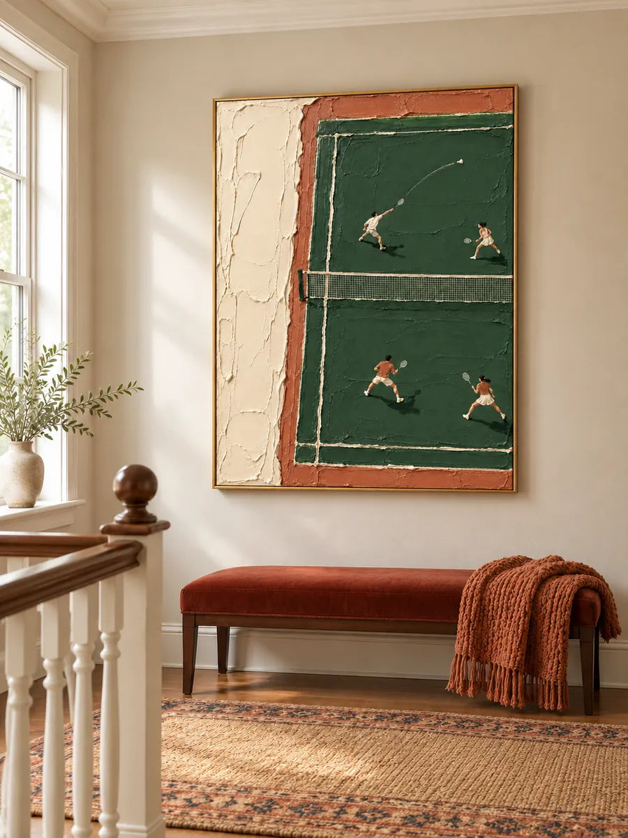 Hand-Painted Badminton Court Art With Heavy Impasto Texture