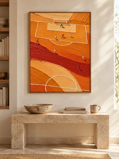 Hand-Painted Soccer Field Canvas Art With Thick Orange Impasto Texture