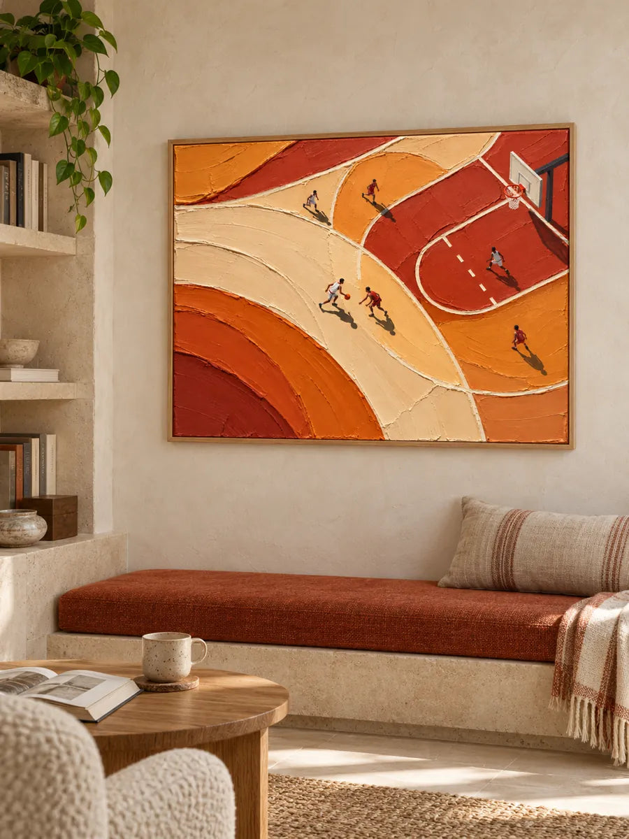 Hand-Painted Basketball Court Art With Orange Impasto Texture For Sports Fans
