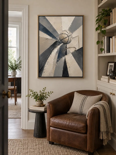 Abstract Basketball Canvas Painting With Geometric Motion In Beige And Black