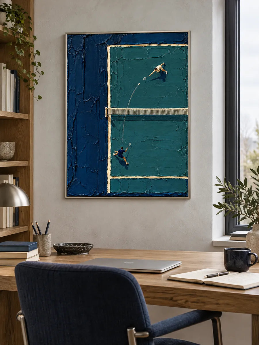 Badminton Impasto Canvas Painting With Blue Green Textured Motion For Sports Lovers