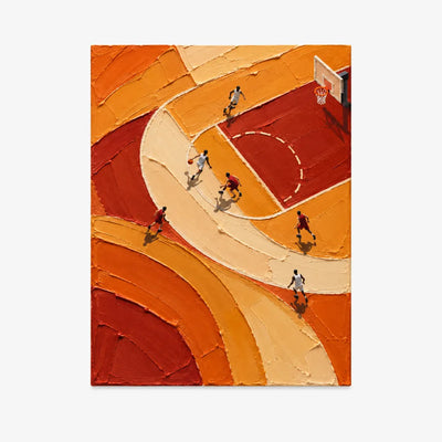 Hand-Painted Basketball Court Art With Bold Orange Impasto Texture