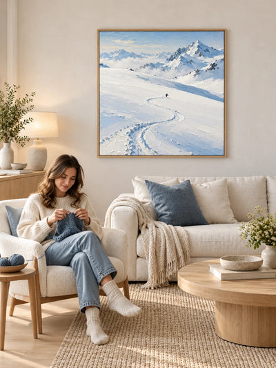 Hand-Painted Skiing Art Canvas Painting White Mountain Landscape Original Wall Art