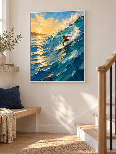 Surfer Riding Wave At Sunset Impressionist Canvas Painting