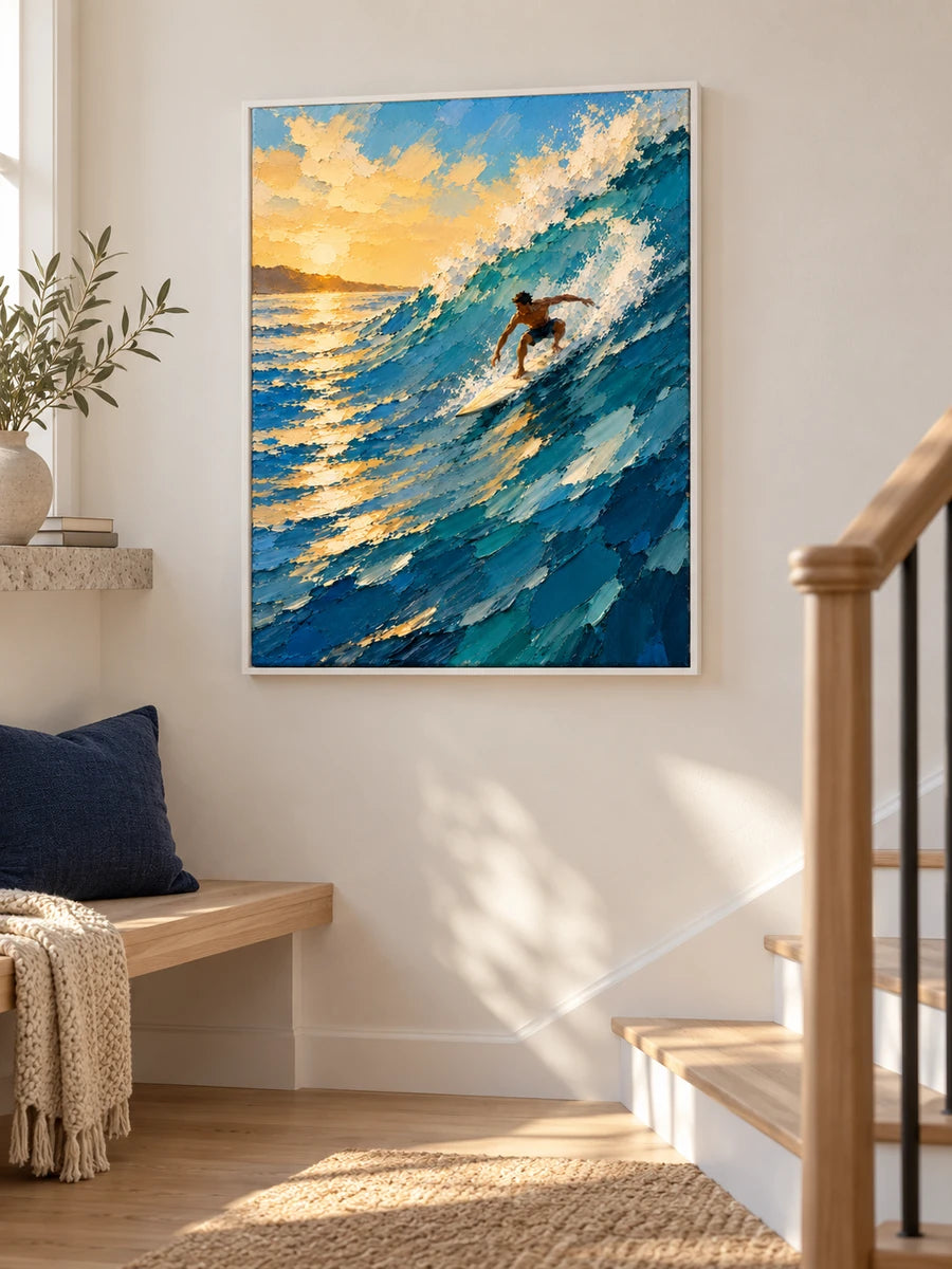 Surfer Riding Wave At Sunset Impressionist Canvas Painting