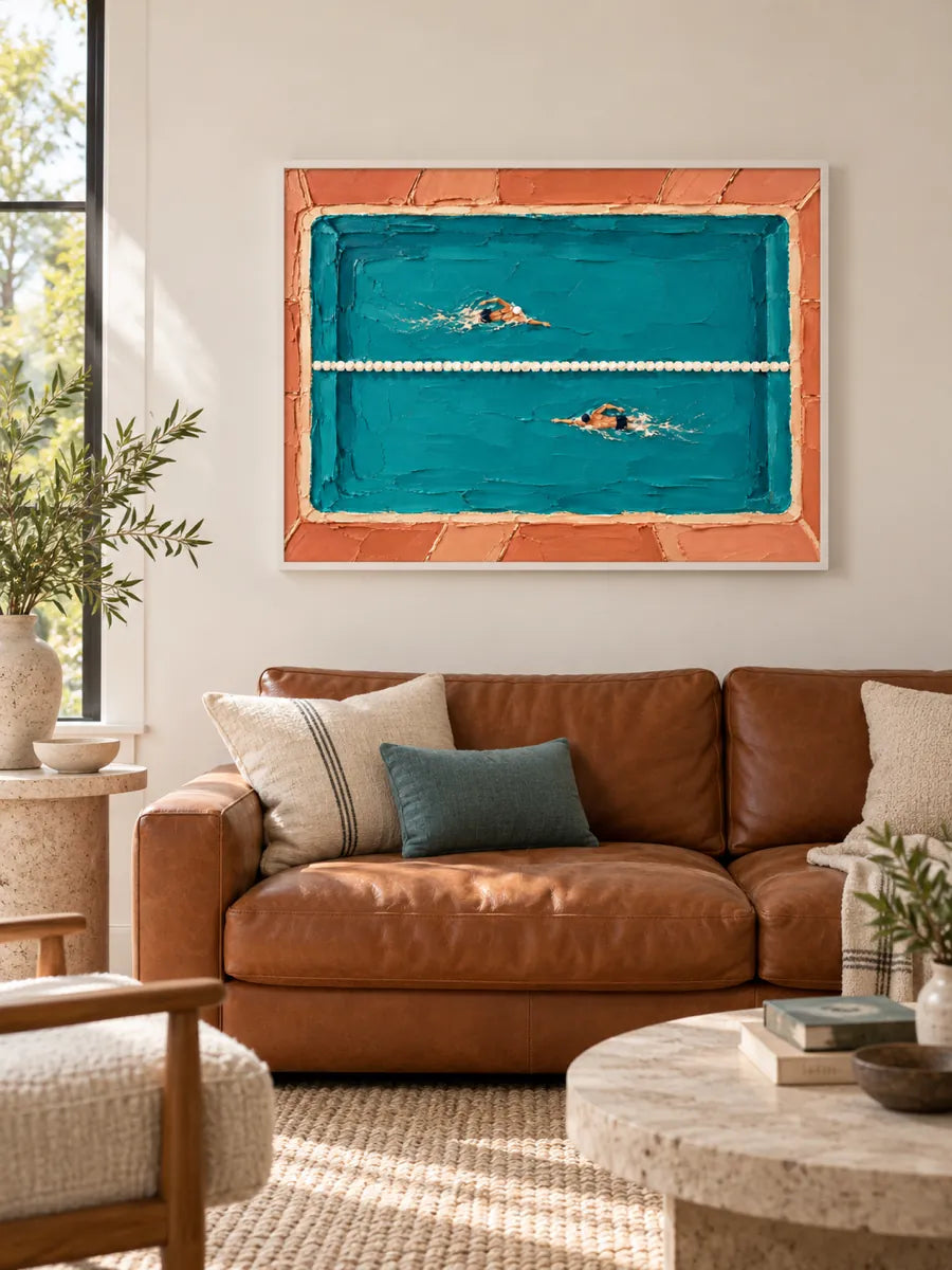 Swimming Pool Impasto Canvas Painting Hand-Painted Sport Art In Blue And Orange
