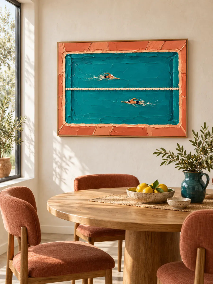 Swimming Pool Impasto Canvas Painting Hand-Painted Sport Art In Blue And Orange