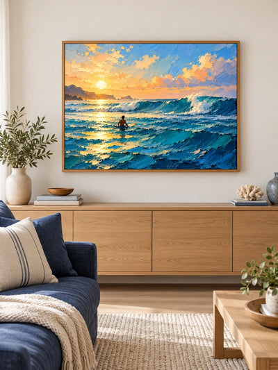 Surfer At Sunset Hand-Painted Canvas Wall Art With Ocean Waves