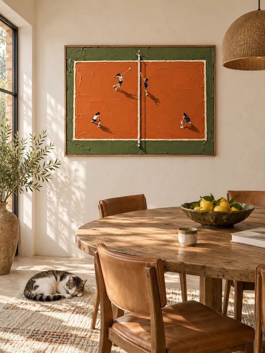 Hand-Painted Volleyball Match Canvas Art With Orange Clay Court And Impasto Texture