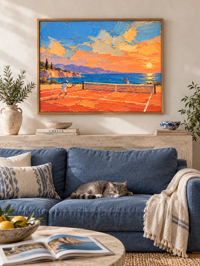Tennis On Clay Court By The Sea Hand-Painted Canvas Art In Orange And Blue