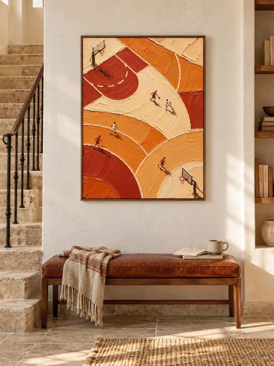 Hand-Painted Basketball Court Art With Impasto Texture In Orange