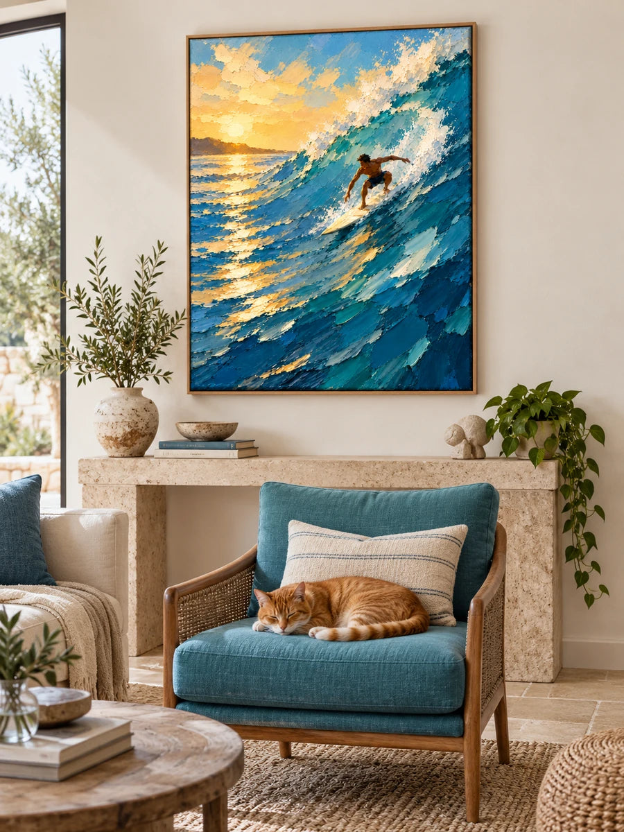 Surfer Riding Wave At Sunset Impressionist Canvas Painting