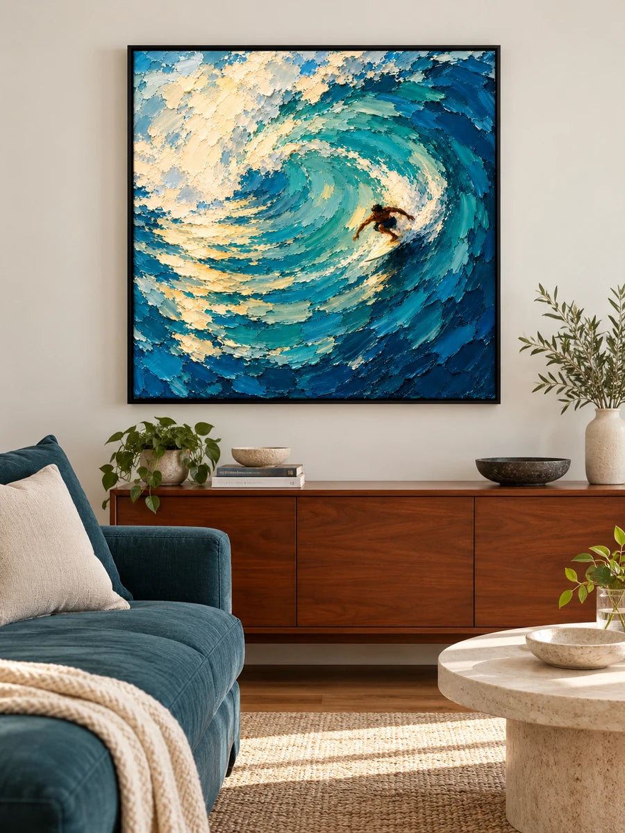 Surfer In Wave Canvas Painting Hand-Painted Blue And Gold Ocean Art