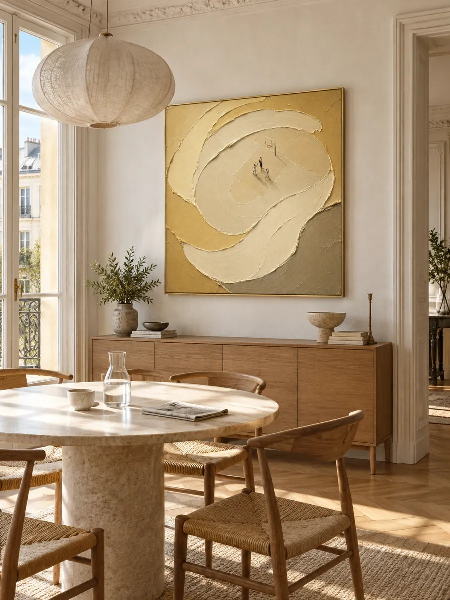 Basketball Themed Textured Canvas Painting In Beige And Gold Tones For Modern Sports Decor