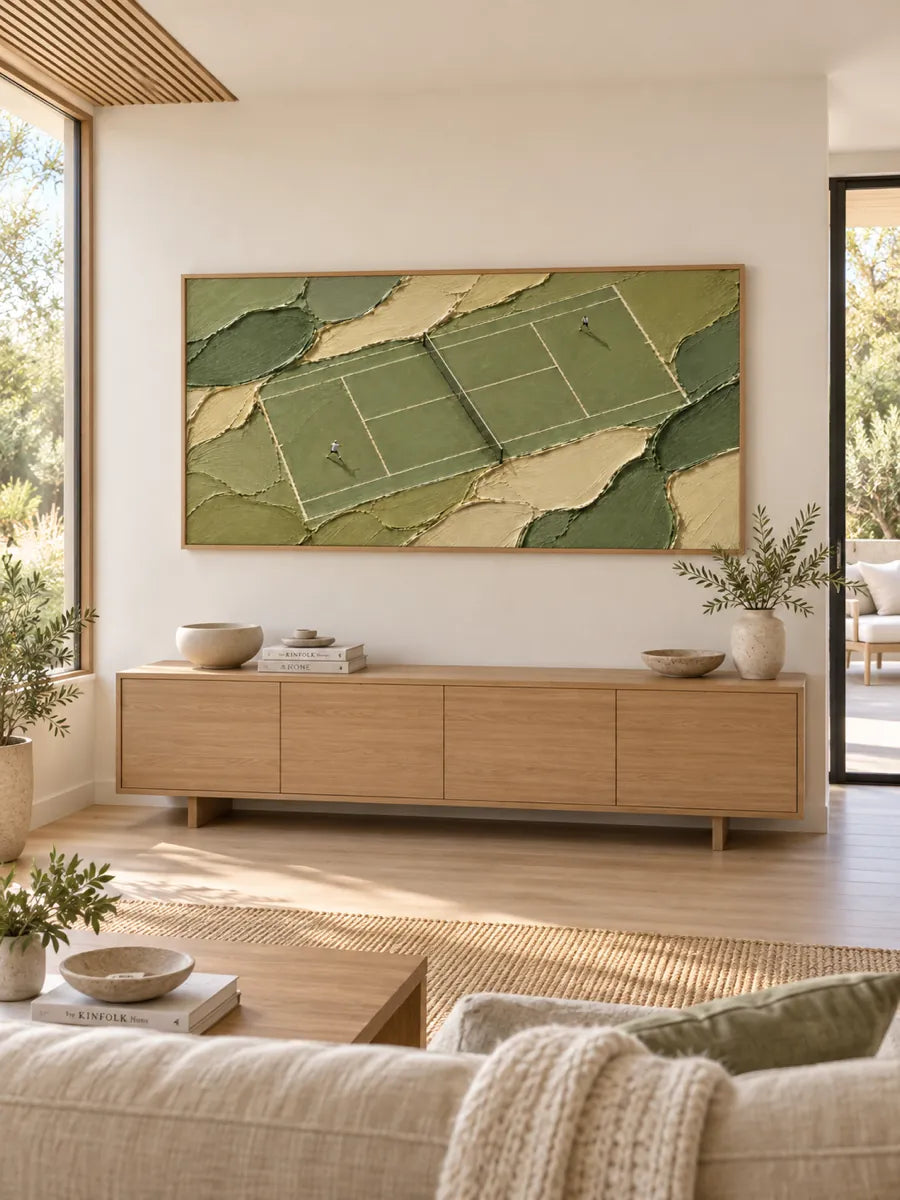 Tennis Match Canvas Painting With Miniature Figures In Green And Beige