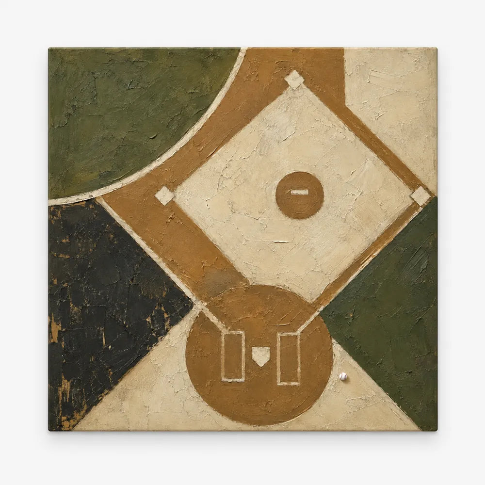 Baseball Diamond Geometric Canvas Painting Hand-Painted Wall Art In Earth Tones