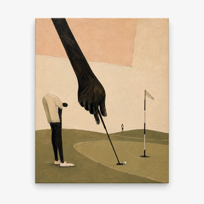Surrealist Golf Painting With Giant Hand Original Canvas Art