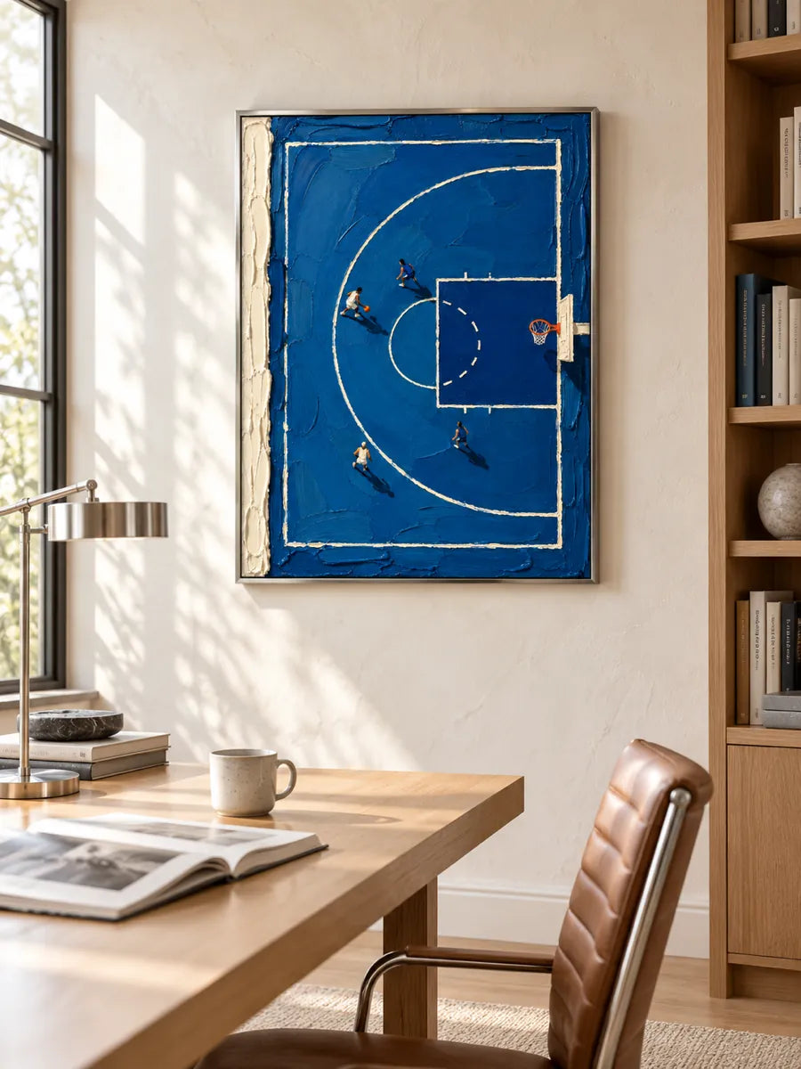 Hand-Painted Basketball Court Canvas Art With Heavy Impasto Texture In Blue And White