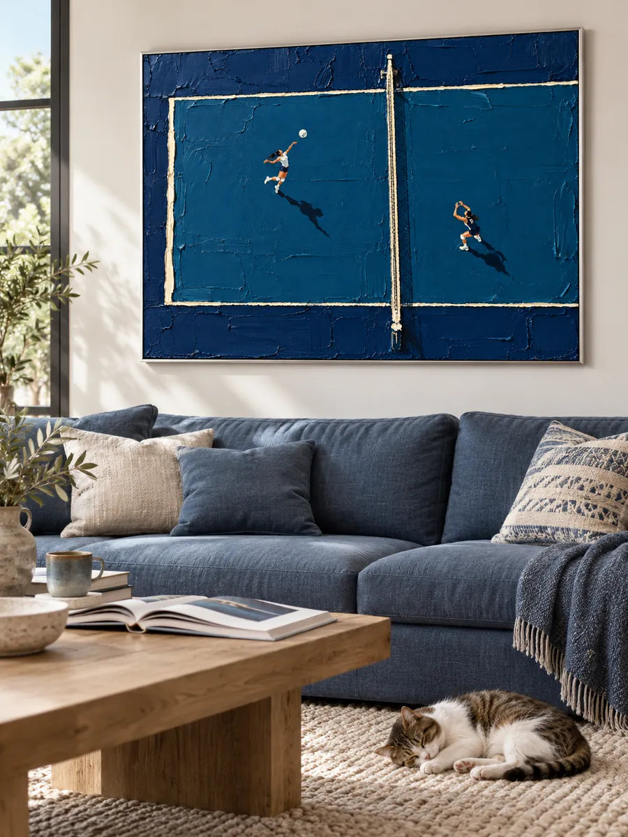 Hand-Painted Volleyball Art Impasto Blue Court Canvas Painting Original Sports Wall Decor