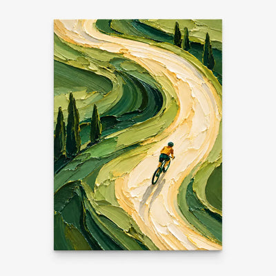 Cyclist On Winding Road Impasto Canvas Painting With Green Hills