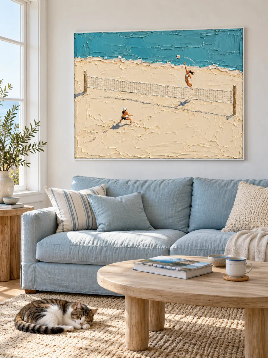 Hand-Painted Beach Volleyball Art With Thick Impasto Texture On Canvas