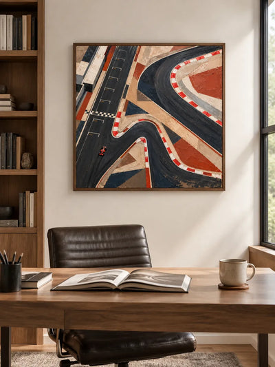 Hand-Painted F1 Racing Track Art With Red And Black Geometric Design