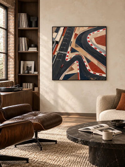 Hand-Painted F1 Racing Track Art With Red And Black Geometric Design