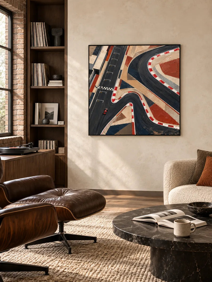 Hand-Painted F1 Racing Track Art With Red And Black Geometric Design