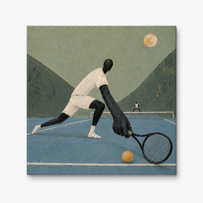 Surreal Tennis Player Canvas Painting With Giant Limbs And Textured Court