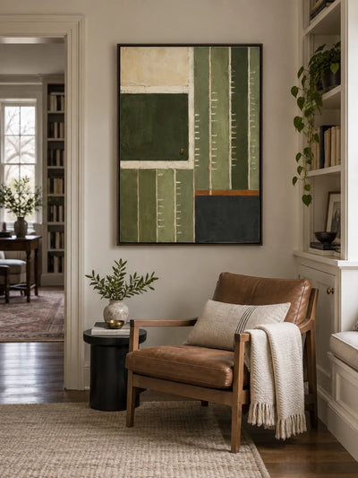 Abstract Geometric Canvas Painting Inspired By Football Field In Green And Beige