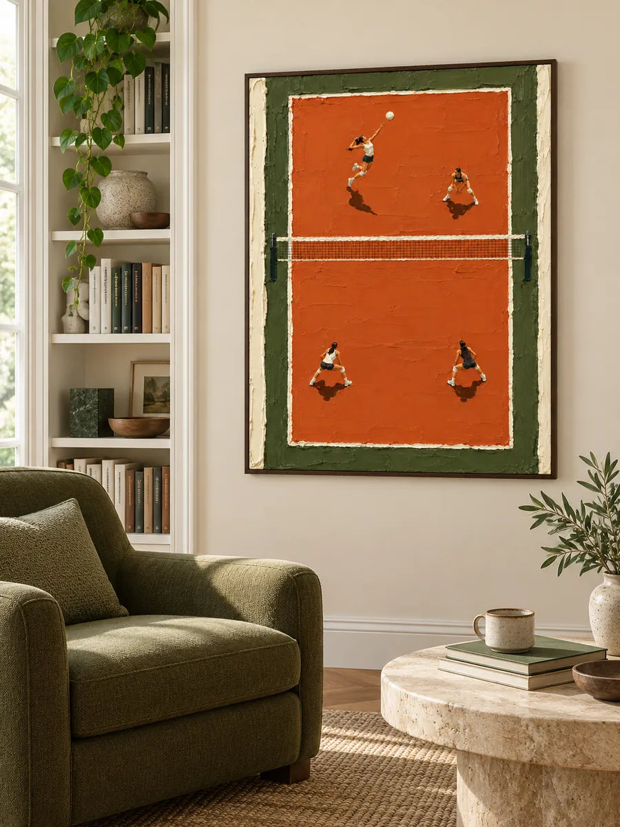 Volleyball Game Impasto Canvas Painting Orange Green Court Hand-Painted Wall Art