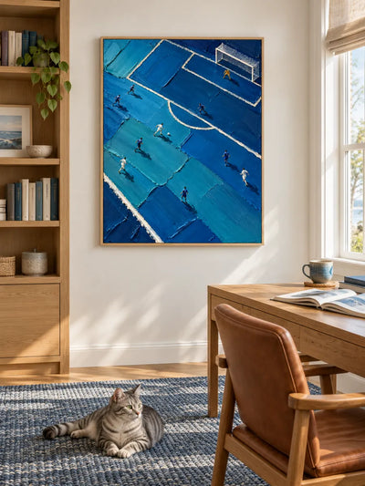 Hand-Painted Soccer Field Canvas Art With Thick Impasto Texture In Blue Tones