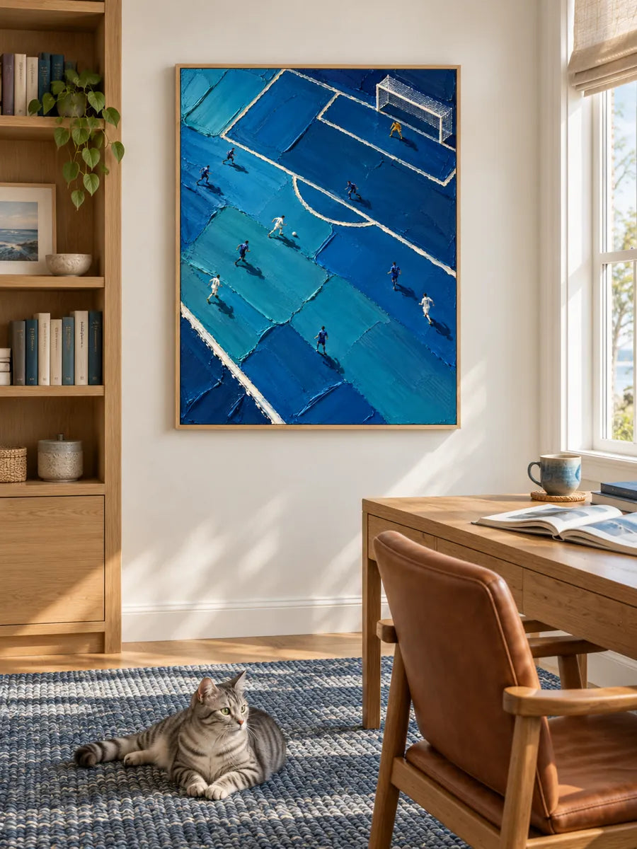 Hand-Painted Soccer Field Canvas Art With Thick Impasto Texture In Blue Tones