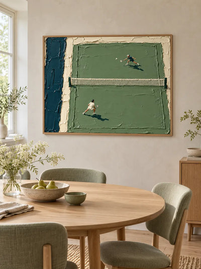Hand-Painted Tennis Match Impasto Canvas Art In Green And White