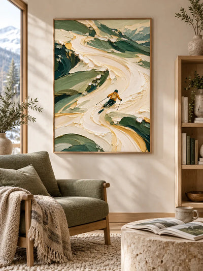 Hand-Painted Skier In Mountains Impasto Canvas Art With Green And White Tones