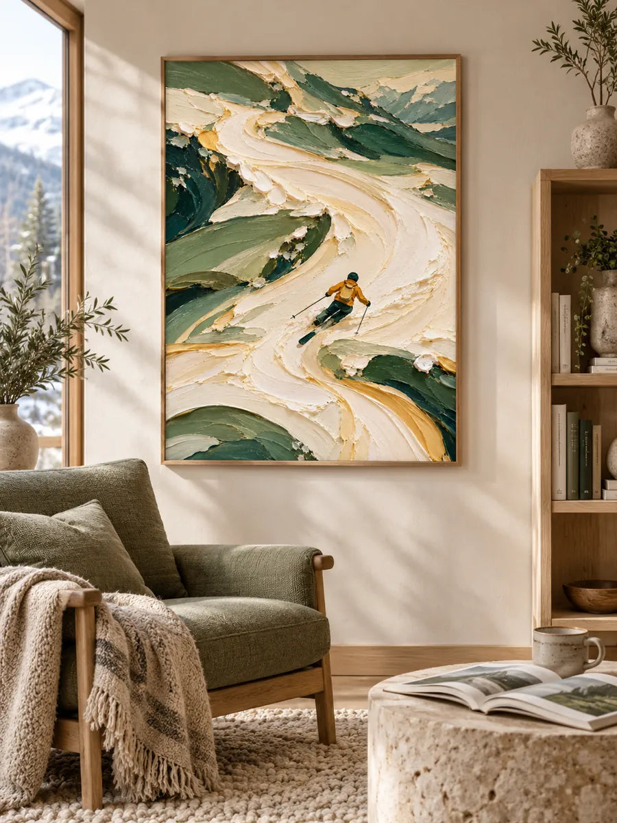 Hand-Painted Skier In Mountains Impasto Canvas Art With Green And White Tones
