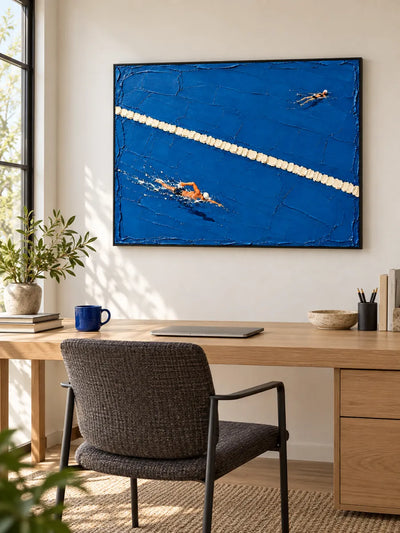 Swimming Pool Impasto Canvas Painting Hand-Painted Blue Sports Art