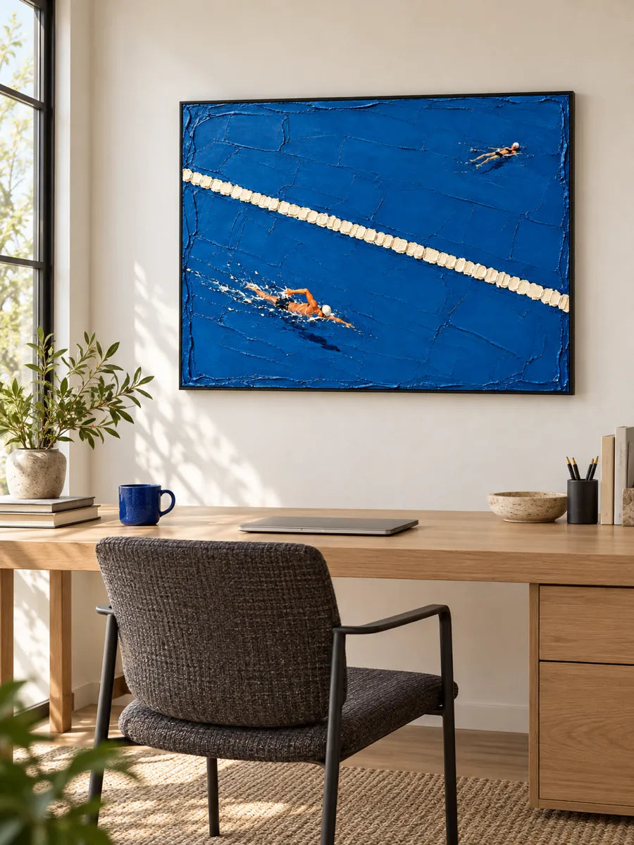 Swimming Pool Impasto Canvas Painting Hand-Painted Blue Sports Art