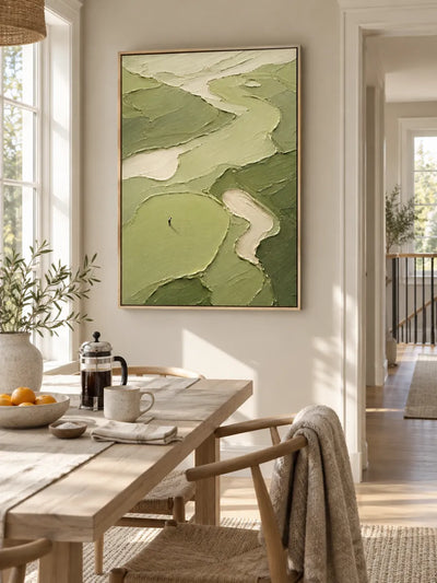 Hand-Painted Golf Course Canvas Art With Impasto Texture In Green And Beige