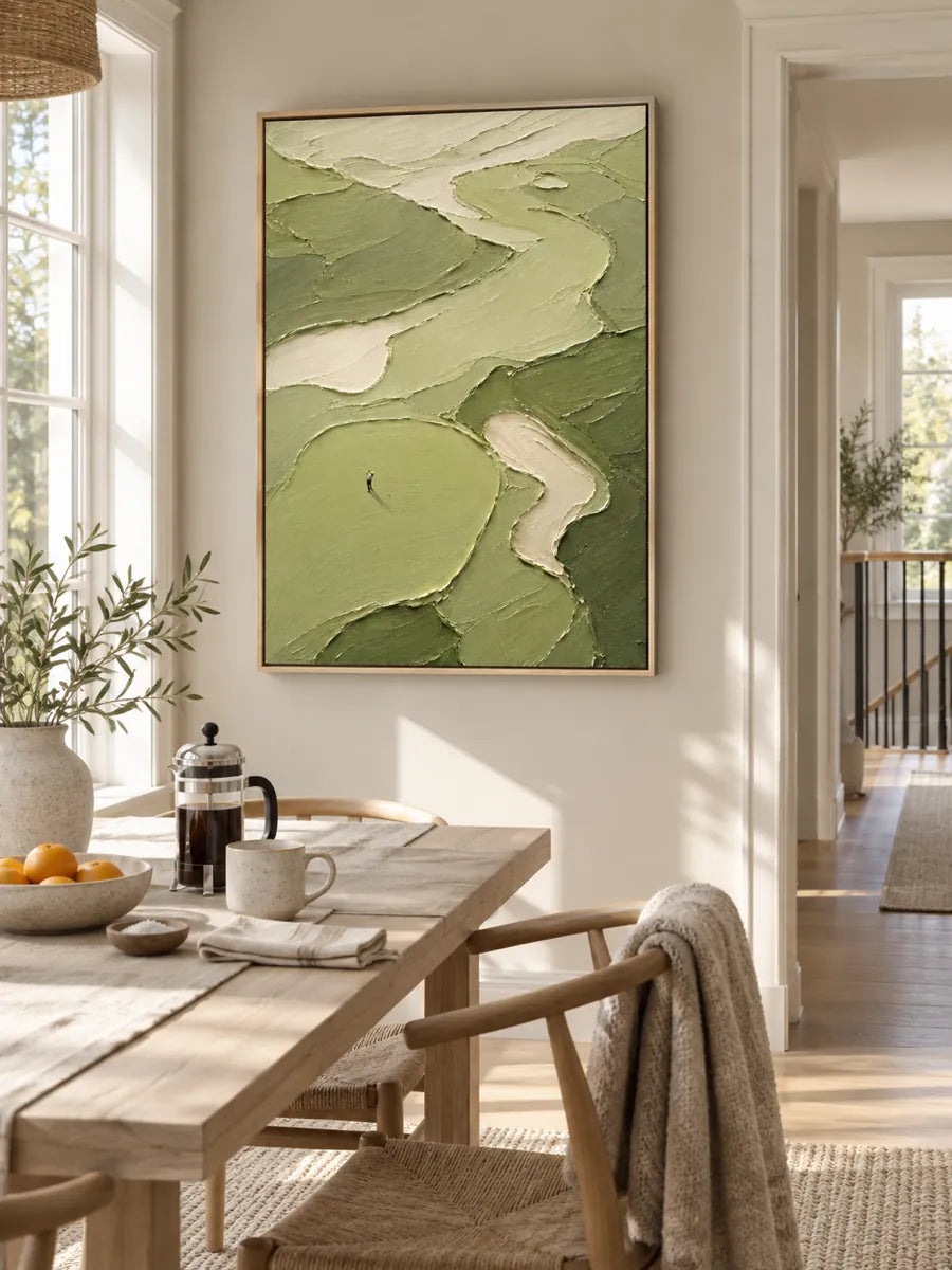 Hand-Painted Golf Course Canvas Art With Impasto Texture In Green And Beige