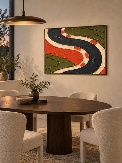 F1 Racing Track Impasto Canvas Painting With Orange And Green