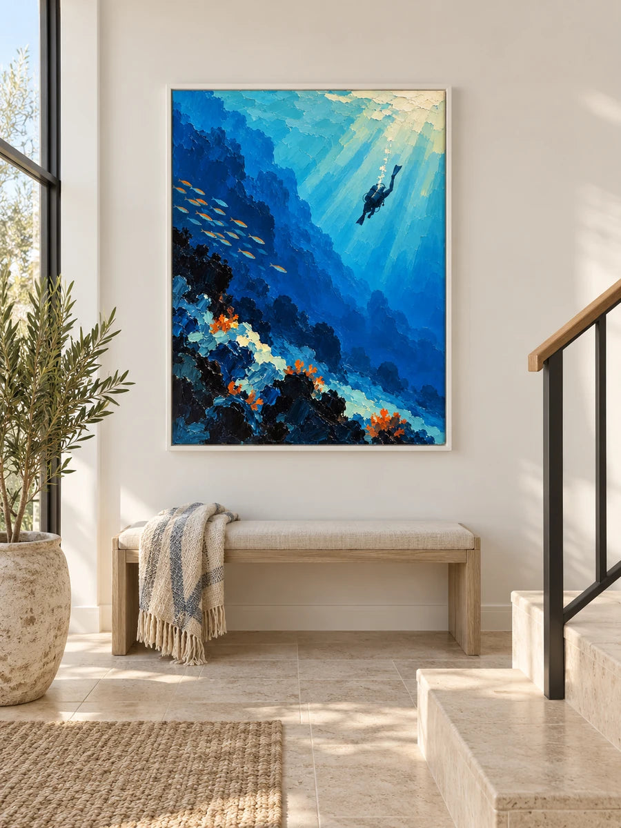 Hand-Painted Diver And Coral Reef Canvas Painting In Blue And Orange