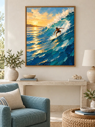 Surfer Riding Wave At Sunset Impressionist Canvas Painting