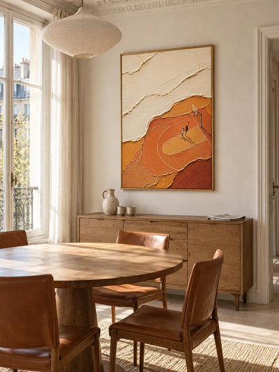 Abstract Basketball Court Painting With Tiny Players In Earth Tones