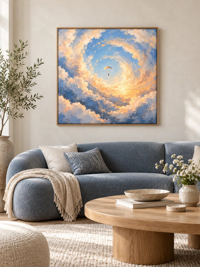 Impressionist Skydiving Canvas Painting With Swirling Blue And Gold Clouds