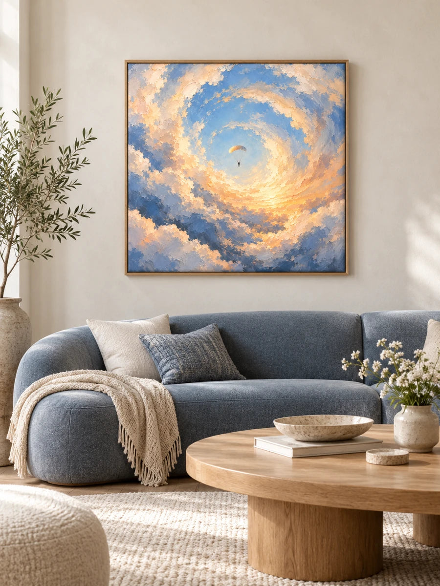 Impressionist Skydiving Canvas Painting With Swirling Blue And Gold Clouds